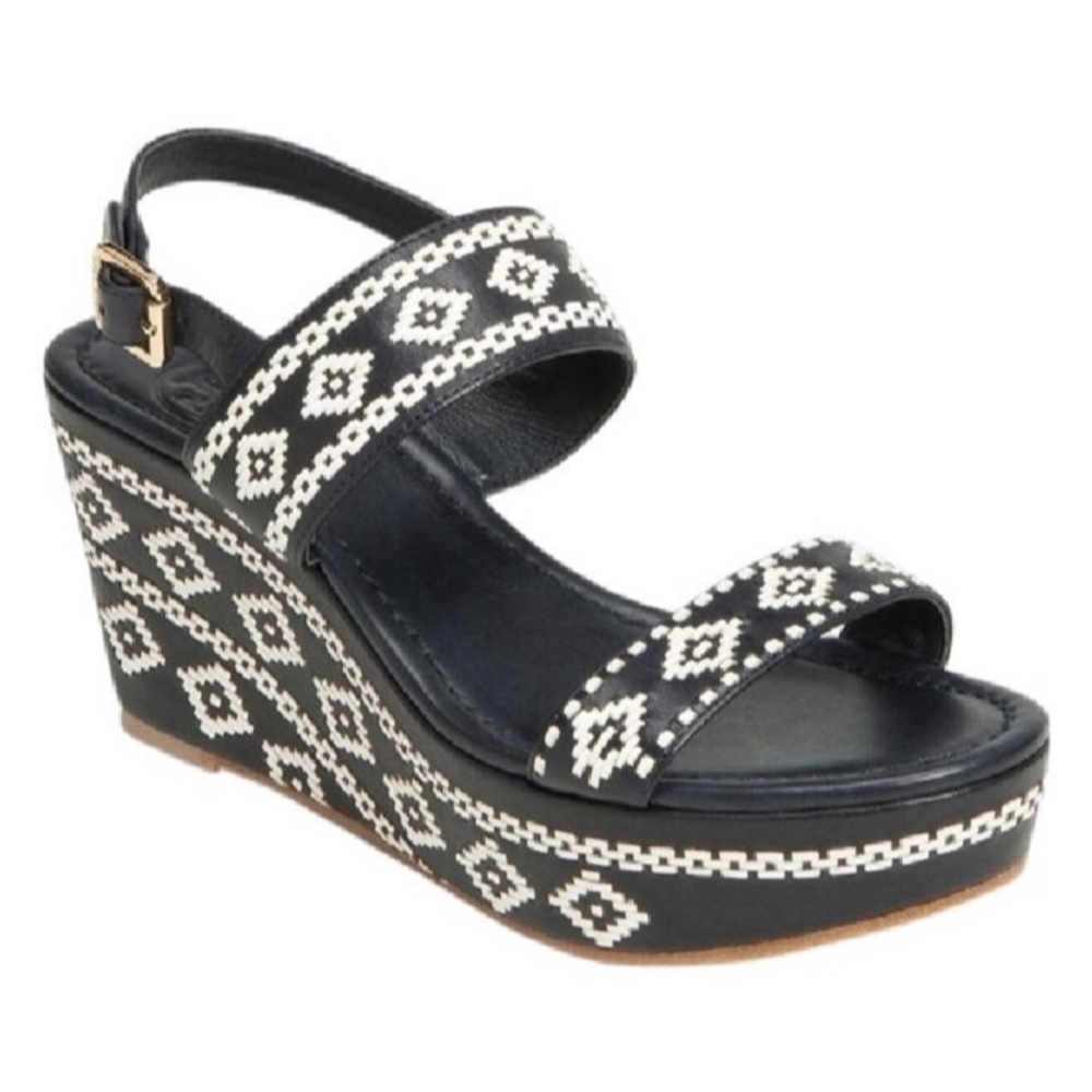 Tory Burch navy and white wedge sandal 9.5